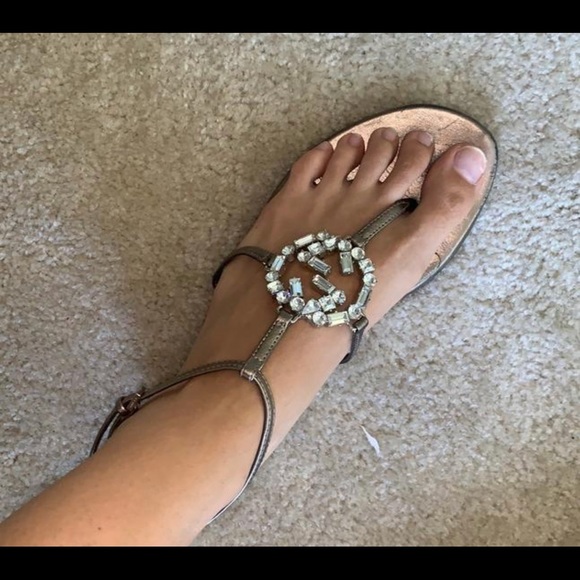 Gucci Metallic Crystals Embellished Thong Sandals